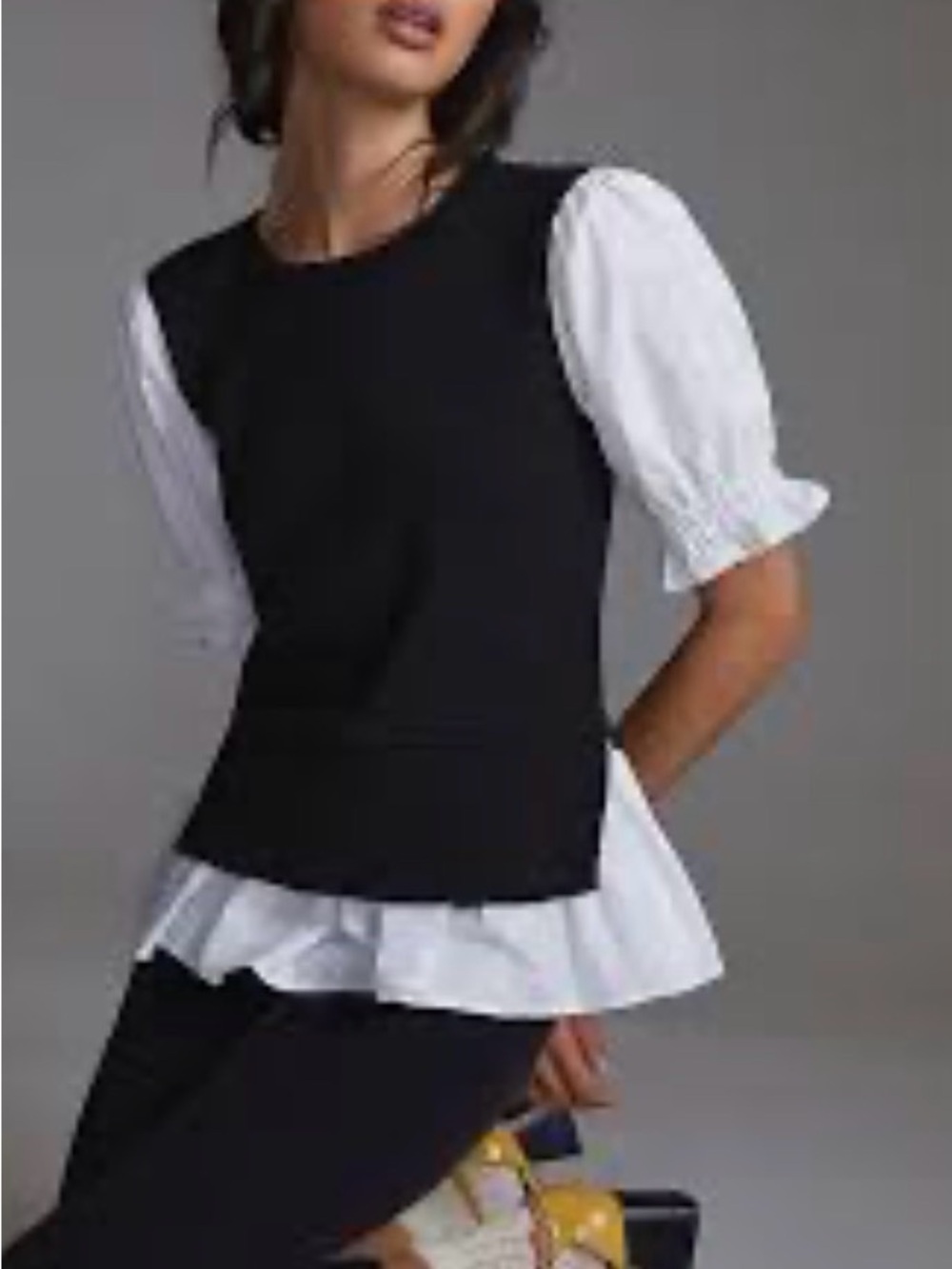Anthropologie Black and White Layered Puff-Sleeve Academia Women's Top- XS- EUC